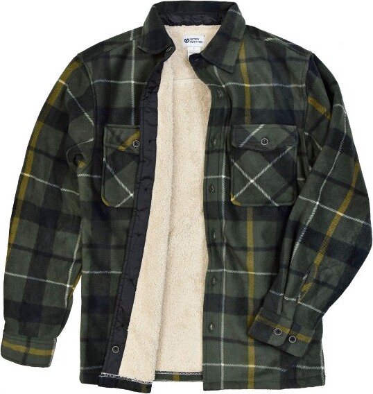 Victory Outfitters Men'sPlaidFleeceButtonFrontShacketOliveL