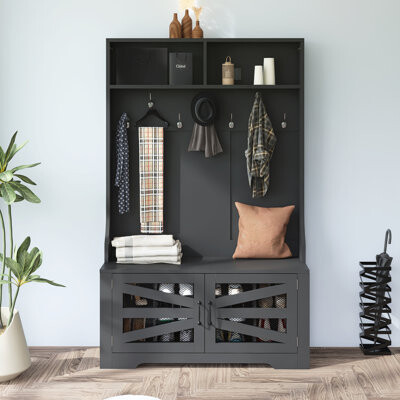 43.3'' Entryway Bench With Coat Rack, 3-In-1 Design And Adjustable Shelves, Hall Tree With 7 Hooks