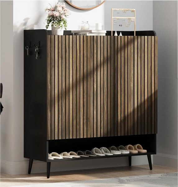 GustoWaveLargeShoeCabinetwith3Doors6-TierEntrywayShoeStorageCabinetwithAdjustableShelvesFreestandingShoesRackOrganizerBlack