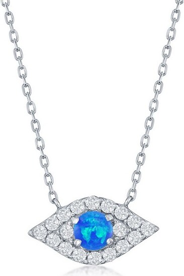 OpalataSterlingSilverBlueOpal&CZEvilEyeNecklace-Blue-16+2Inch
