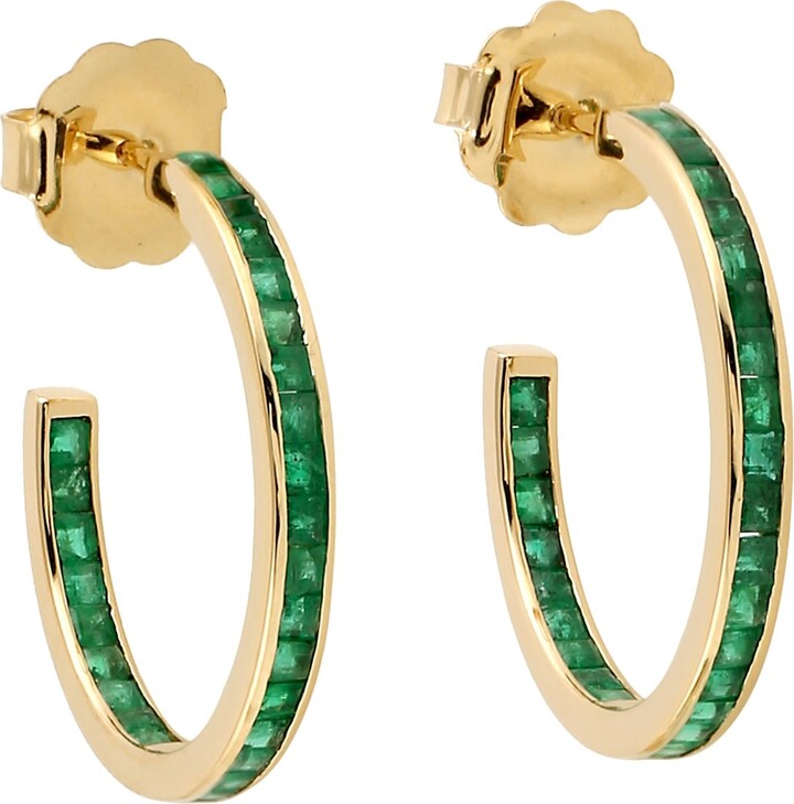 Artisan Gold / Green Handcrafted Emerald Gemstone Hoop Earrings In Solid Yellow Gold