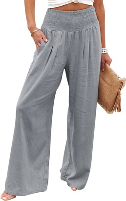Dress Pants for Women Button Elastic Waist Solid Color Pockets Straight Leg Pants  Ladies Casual Wide Leg Pants 