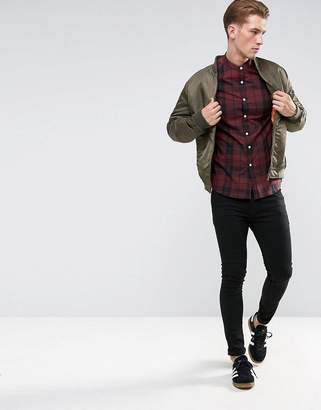 ASOS DESIGN stretch slim check shirt with grandad collar in red
