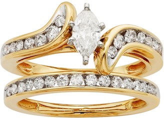 14k Gold IGL Certified 1 Carat T.W. Diamond Marquise Bypass Engagement Ring Set