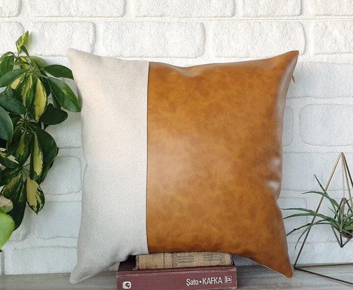 Etsy Camel Faux Leather & Linen Pillow Cover Set -