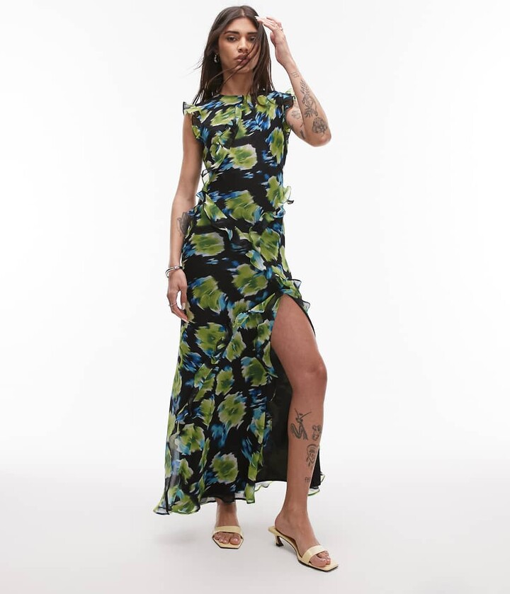Topshop high neck open back frill maxi dress in blurred blue floral