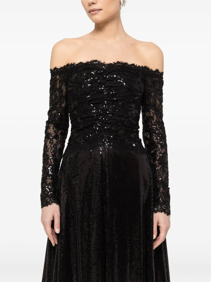 NISSA Sequin-Embellishment Off-Shoulder Midi Dress