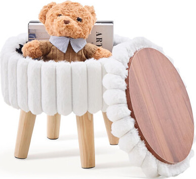 Latitude Run Storage Ottoman Faux Fur Footstool With Padded Seat Multifunction Small Reading Chair With Tray Round Footrest For Couch Mini Coffee Table Or Disp