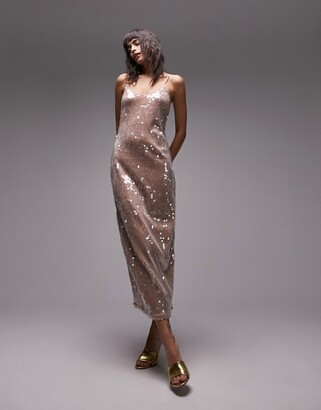 Kaiia sequin sheer tie detail maxi dress in gold