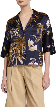 Vince Mixed Tropical Garden Button-Front Satin PJ Shirt