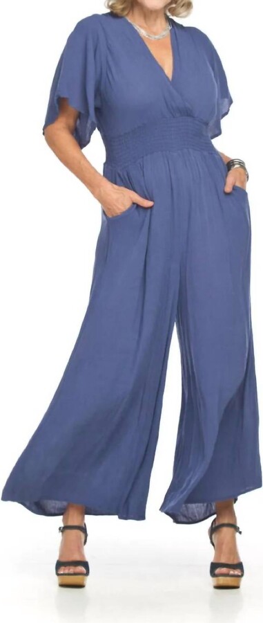 Papillon Smocked Waist Short Sleeve Wide Leg Jumpsuit In Blue