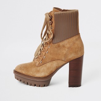 River Island Beige lace-up high heeled hiker boots - ShopStyle