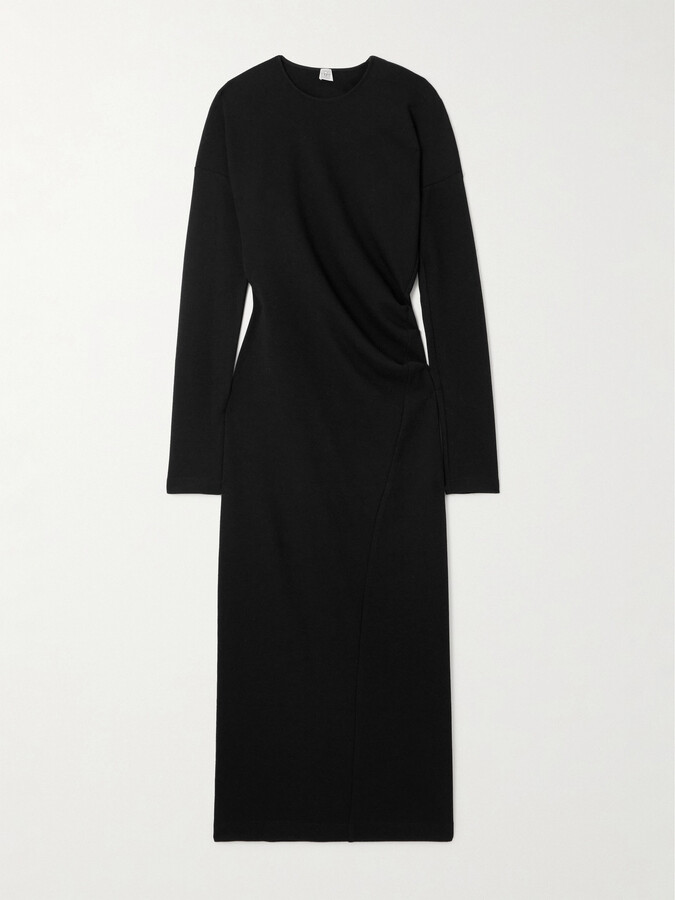 Totême Asymmetric Gathered Jersey Midi Dress - Black