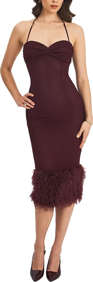 Miss Circle Pluma Halter Faux-Fur Trimmed Midi Dress
