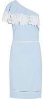 Badgley Mischka One-Shoulder Guipure Lace-Appliquéd Chambray Dress