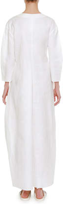 Jil Sander V-Neck Long-Sleeve Long Cotton Dress with Asymmetric Pleating