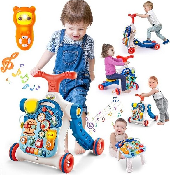 Terramus Wooden Baby Walker, Dinosaur Toddler Push Walker, Montessori Learning Activity Center for Boys Girls