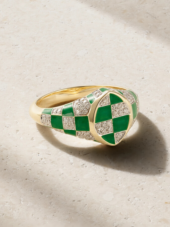 Yvonne Léon Baby Chevalière Marquise 9-karat Yellow And White Gold, Enamel And Diamond Signet Ring - 3