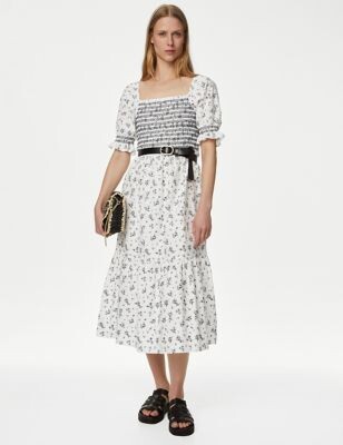 M&S Collection Pure Cotton Printed Square Neck Midi Dress - ShopStyle