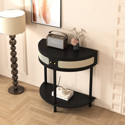 Latitude Run Wood Accent Half Circle End Table With Elements And Storage Drawers Versatile Use Placement In Home Exquisite Moon Doors Storage Perfect For Living