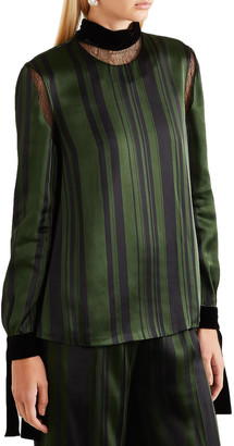 ADEAM Lace And Velvet-trimmed Striped Satin Blouse