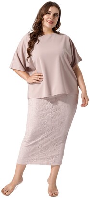 ranrann Womens Plus Size Short Sleeve Shirts Top and High Waist Skirt Set Two Piece Summer Outfits Dusty Pink XL