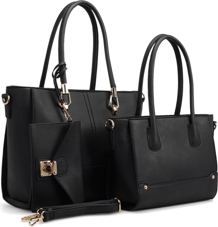 SumacLife The Camelia Collection Women’s 3 Piece Gold Accented Vegan Leather Handbag, Shoulder Bag, and Wristlet Clutch with Removeable Vegan Leather Shoulder Strap