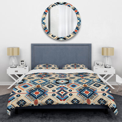 Design Art Beige And Blue Tribal Essence Geometric - Geometric Duvet Cover Set