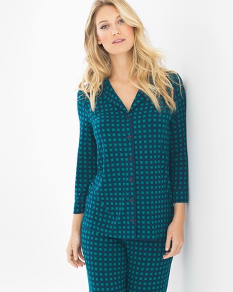Soma Intimates 3/4-Sleeve Notch Collar Pajama Top Arbor Plaid Green Envy