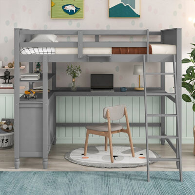 Wildon Home Full size Wooden Loft Bed with Drawers & Desk - Gray, Maximizes Space