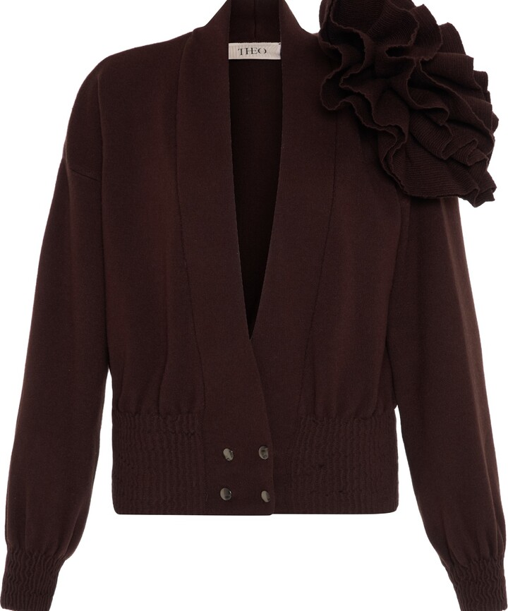 Theo the Label Brown Nomia Ribbed Waist Rosette Cardigan - Koffee