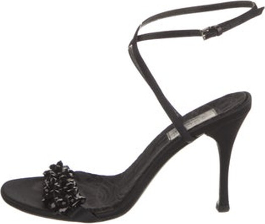 Gucci Satin Sandals Black Beaded & Crystal Accents Crossover Straps & Buckle Closure at Ankles Includes Box & Additional Heel Caps