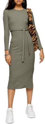 topshop tie waist long sleeve knit midi dress