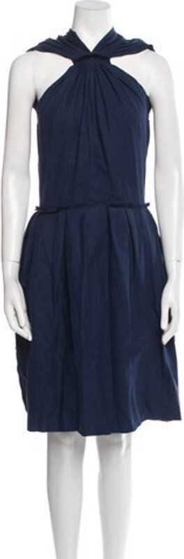 Lanvin A-Line Dress Black & Blue Pleated Accents Halterneck Exposed Zip Closure at Back Size not listed, estimated from measurements. Designer