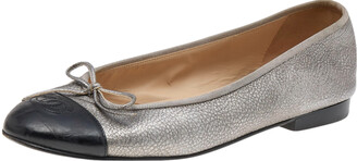 Chanel Silver/Black Leather CC Bow Cap Toe Ballet Flats Size 40.5 -  ShopStyle