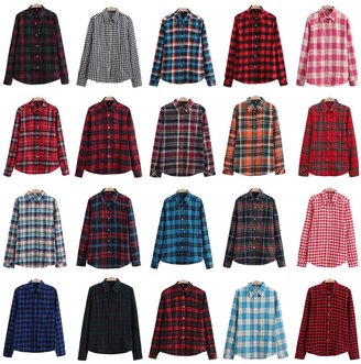 DaiLiWei Womens Plus Size Classic Plaid Button-Down Shirts Blouse 20 Style