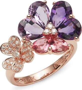 Effy 14K Rose Gold, Amethyst, Pink Tourmaline & Diamond Flower Ring