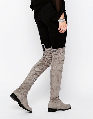 Public Desire Gray Flat Tie Back Over The Knee Boot
