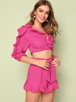 Thumbnail for your product : Shein Guipure Lace Ruffle Trim Top & Belted Shorts Set