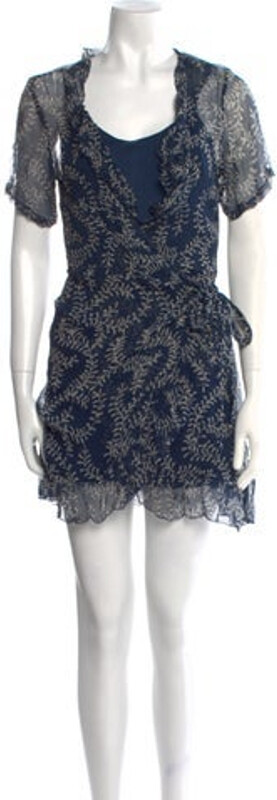 CLOE CASSANDRO Silk Dress Blue Printed Short Sleeve with V-Neck Sash-Tie Closure at Back