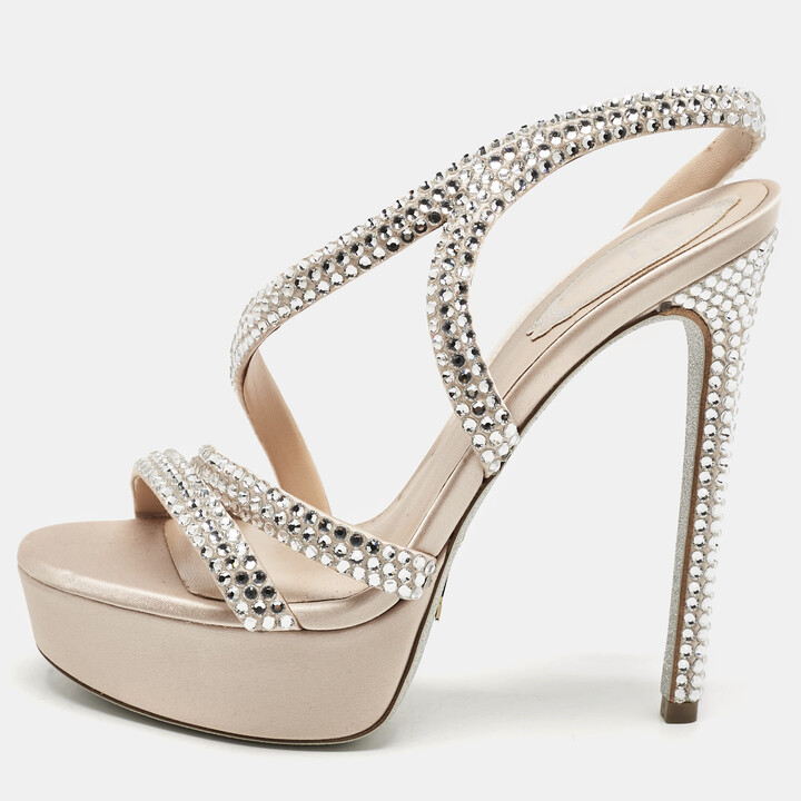Rene Caovilla Beige Satin Lisa Crystals Platform Sandals Size 37