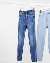 Thumbnail for your product : Stradivarius super high waist skinny jeans in with rip in medium blue