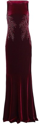 Teri Jon by Rickie Freeman Embellished Cowl-Back Velvet Dress