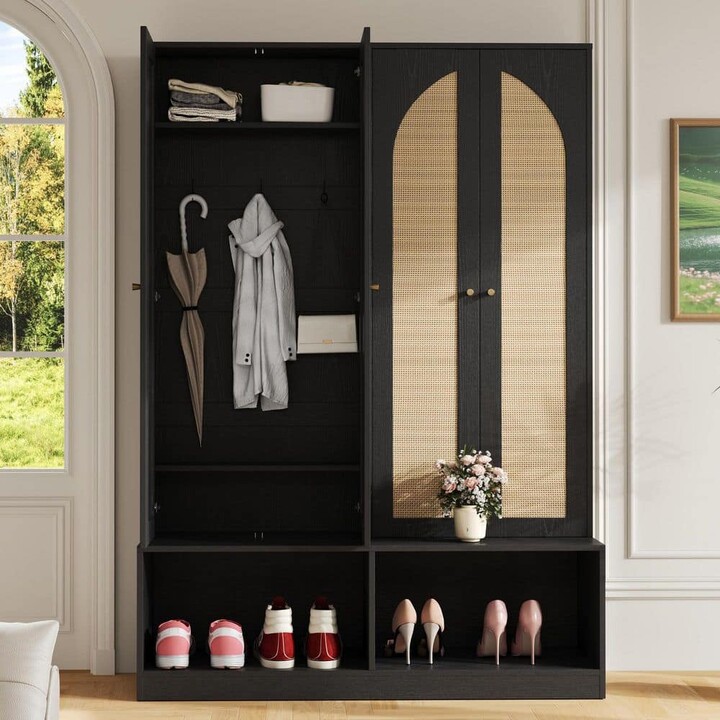 Qualler Black Farmhouse Widen Hall Tree with Cabinets and Adjustable Shelves