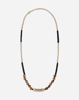 Dolce & Gabbana Wooden bead necklace with logo plate