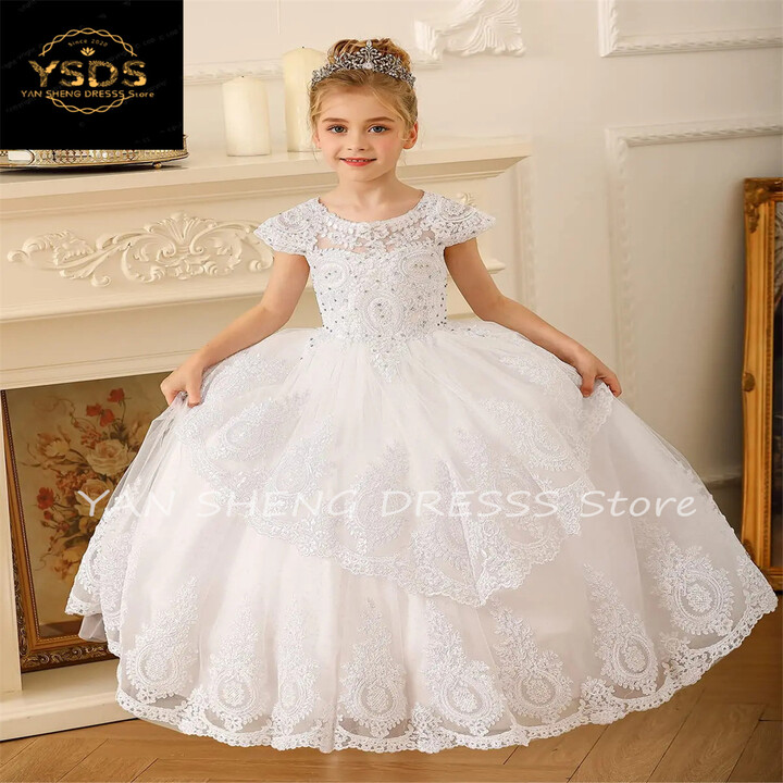 lakeitama Girls Tulle First Communion Dresses With Bow 2024 White/Ivory Lace Sleeves Flower Girl Dress Kids Satin Bow Wedding Party Gowns