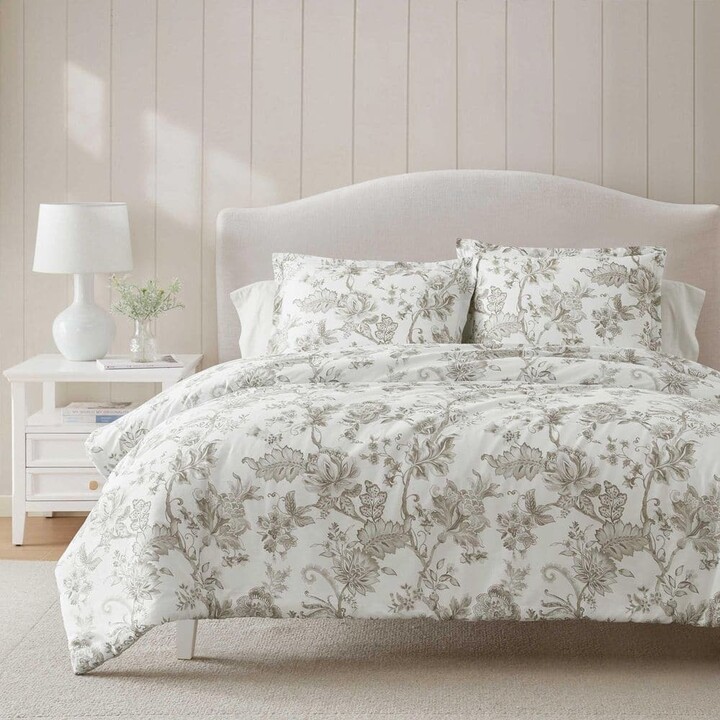 Martha Stewart Avery Floral 3-Piece Moonlight Grey Cotton Sateen Full/Queen Duvet Cover Set