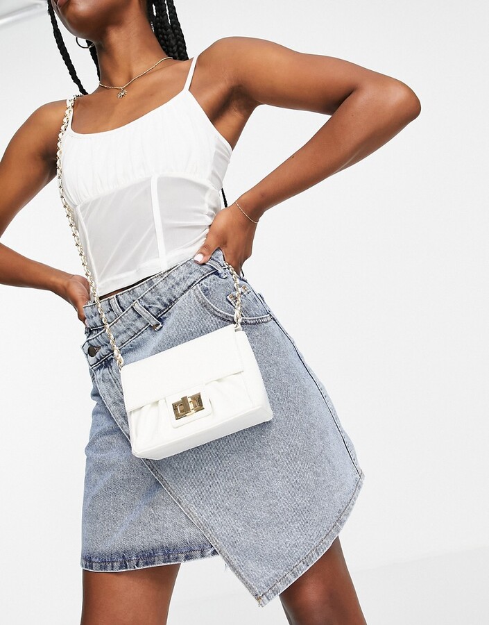 ASOS DESIGN ruched crossed body bag with chain strap in white - ShopStyle