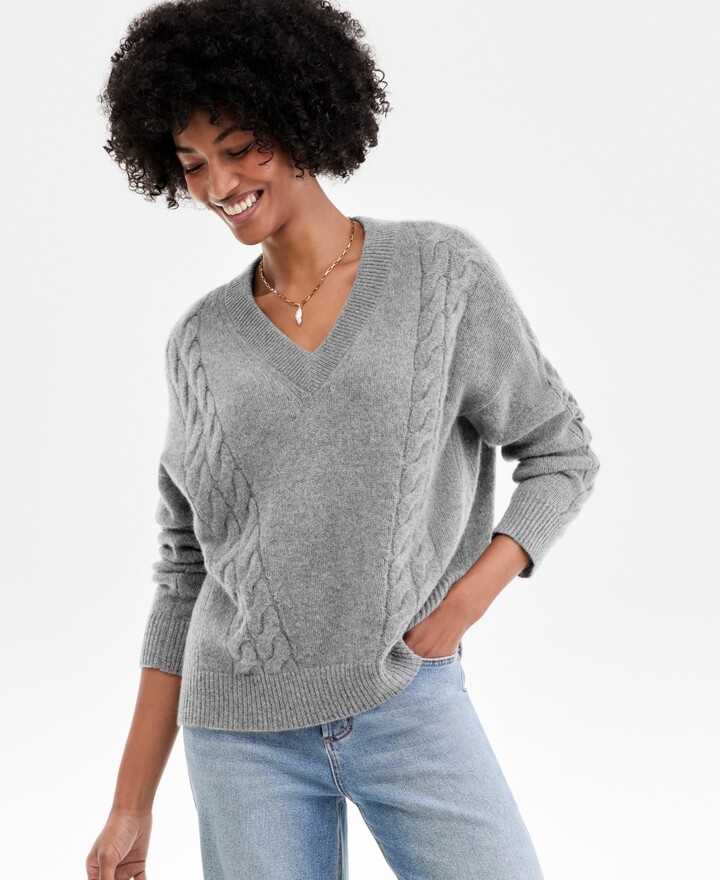 Charter Club Women's 100% Cashmere Placed Cable-Knit V-Neck Sweater, Macy's Exclusive