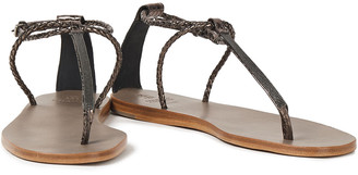 Brunello Cucinelli Bead-embellished metallic braided and croc-effect leather sandals